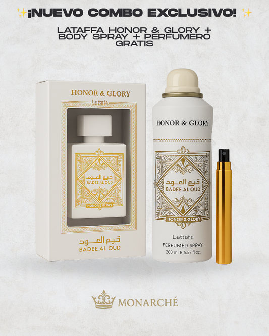 ✨ ¡NUEVO COMBO EXCLUSIVO! ✨ LATAFFA HONOR & GLORY + BODY SPRAY + PERFUMERO GRATIS